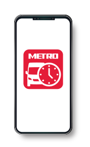 Smartphone with METRO On Demand mobile app icon visible on screen.