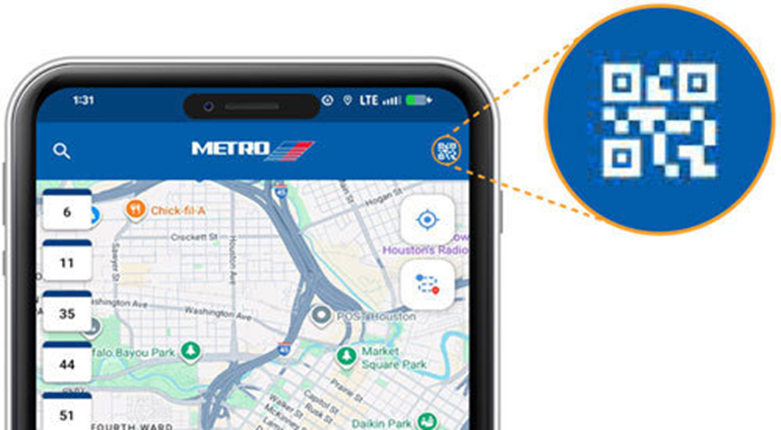 QR code within the RideMETRO app to pay your fare.